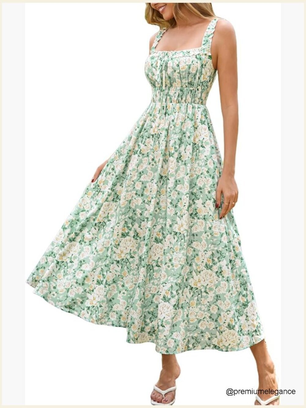 Women's Floral Boho Midi Dress with Pockets Lace Up Smocked Bodice